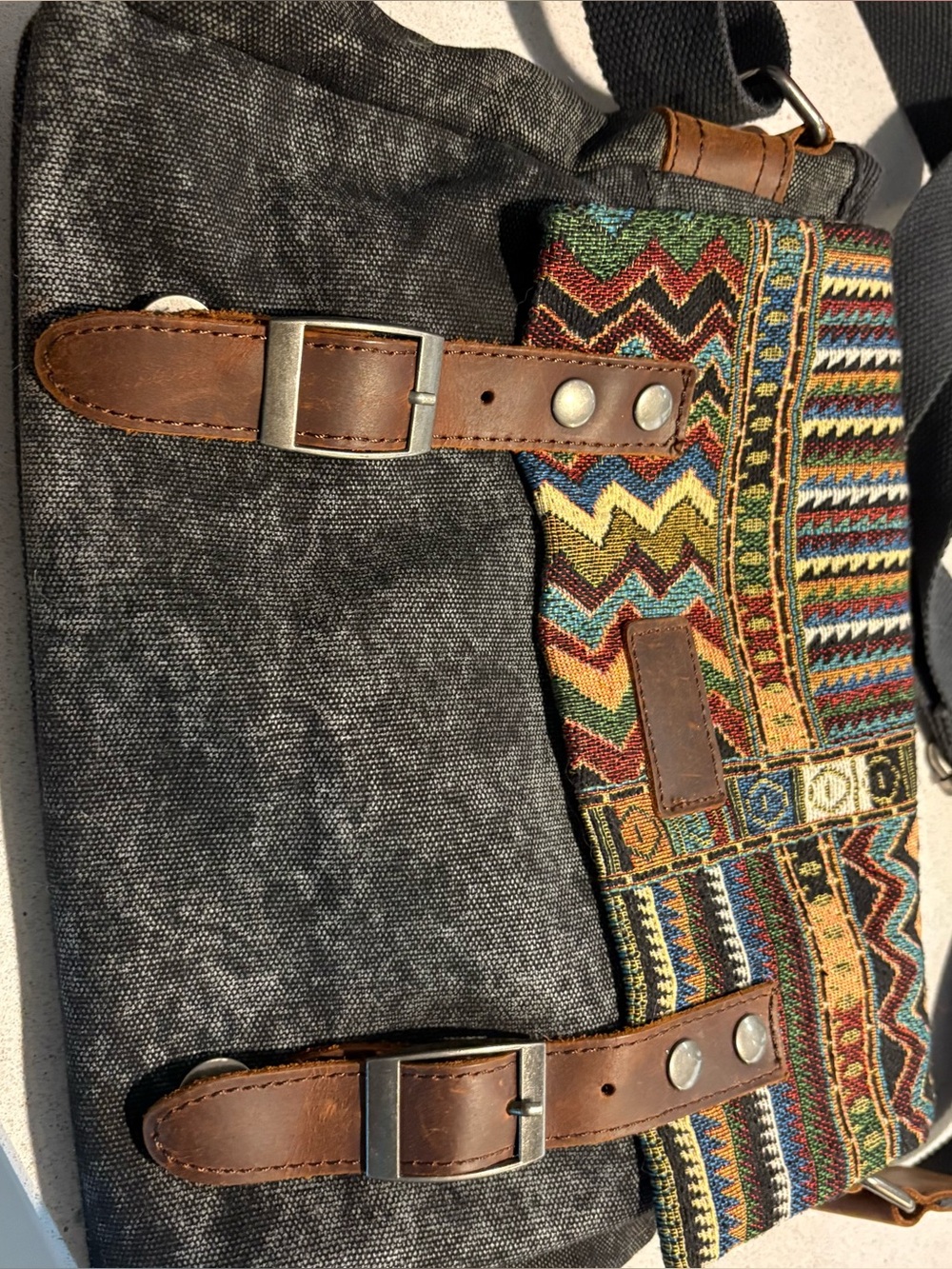 Boho Multicolor Shoulder Bag with Dark Gray Canvas